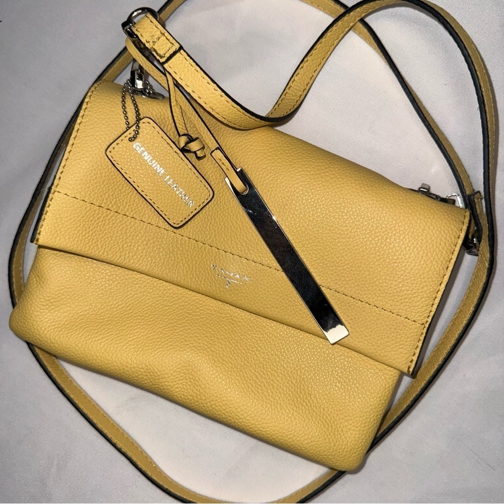 T Tahari Yellow Genuine Leather Crossbody Bag NWOT Flap Silver Hardware - Picture 7 of 7